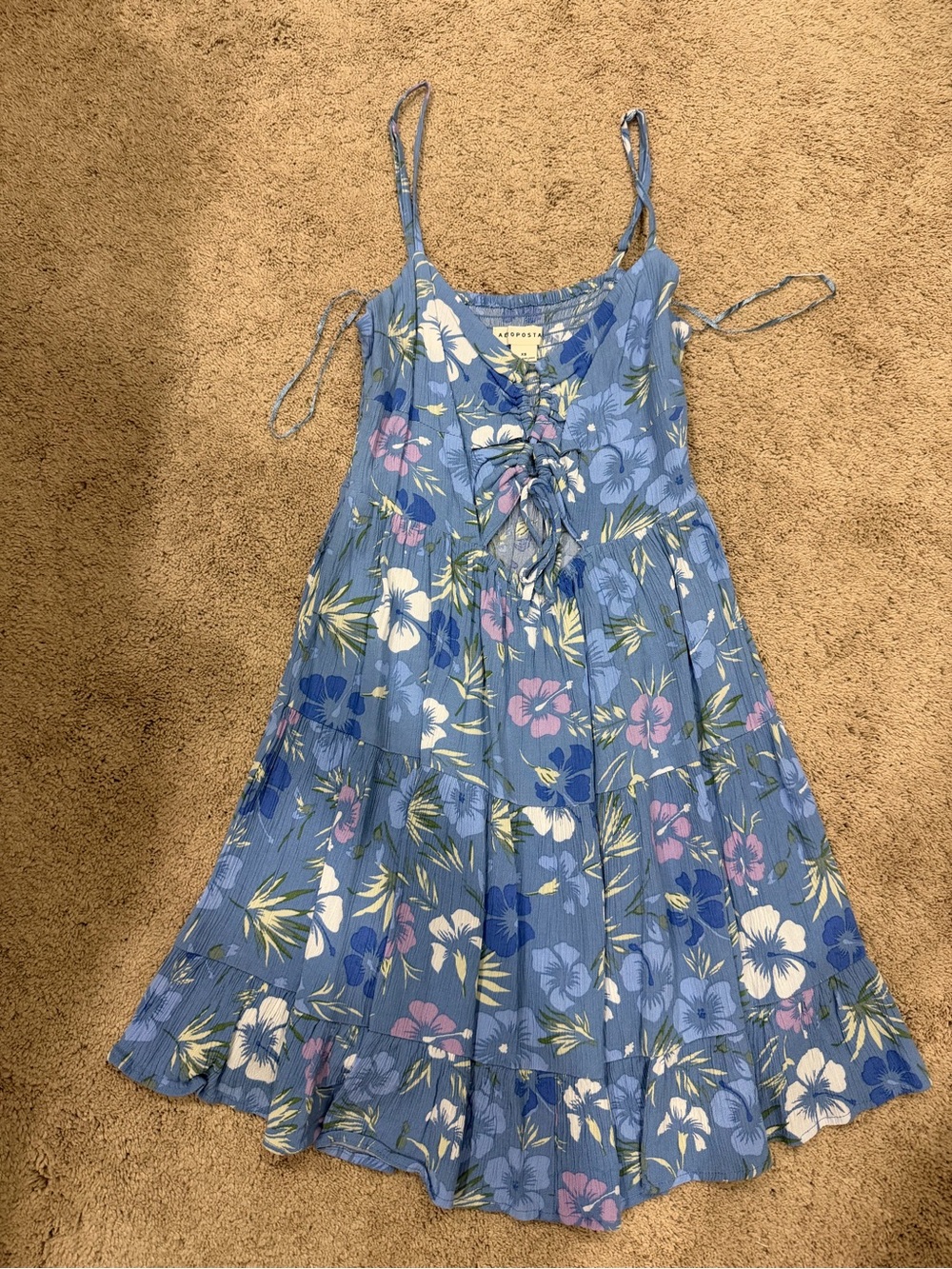 Aeropostale Blue Floral Sundress, Mini Dress with Front Tie, Size XS